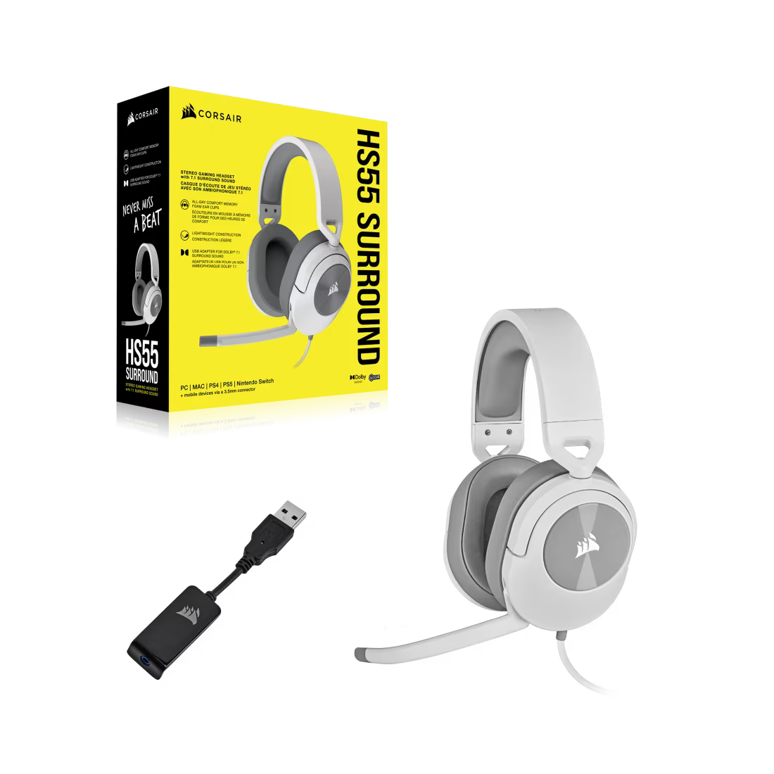 CORSAIR HS55 SURROUND Wired Gaming Headset White - CA-9011266-AP