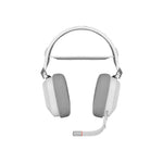 White over-ear gaming headphones with a flexible boom microphone, shown against a solid black background.