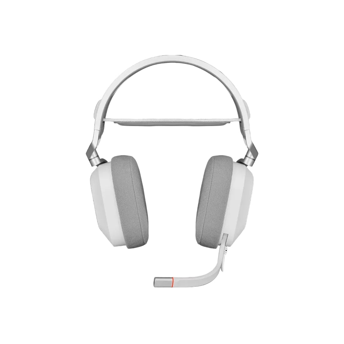 White over-ear gaming headphones with a flexible boom microphone, shown against a solid black background.