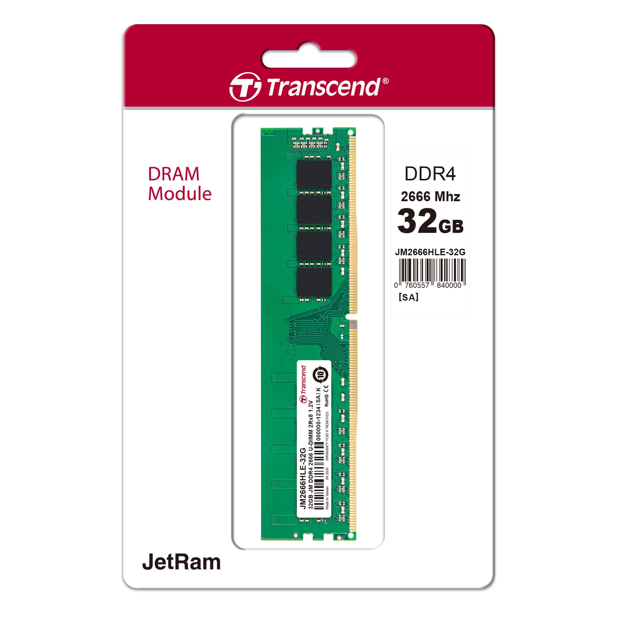 Transcend JetRam 32GB DDR4-2666 U-DIMM Desktop Memory