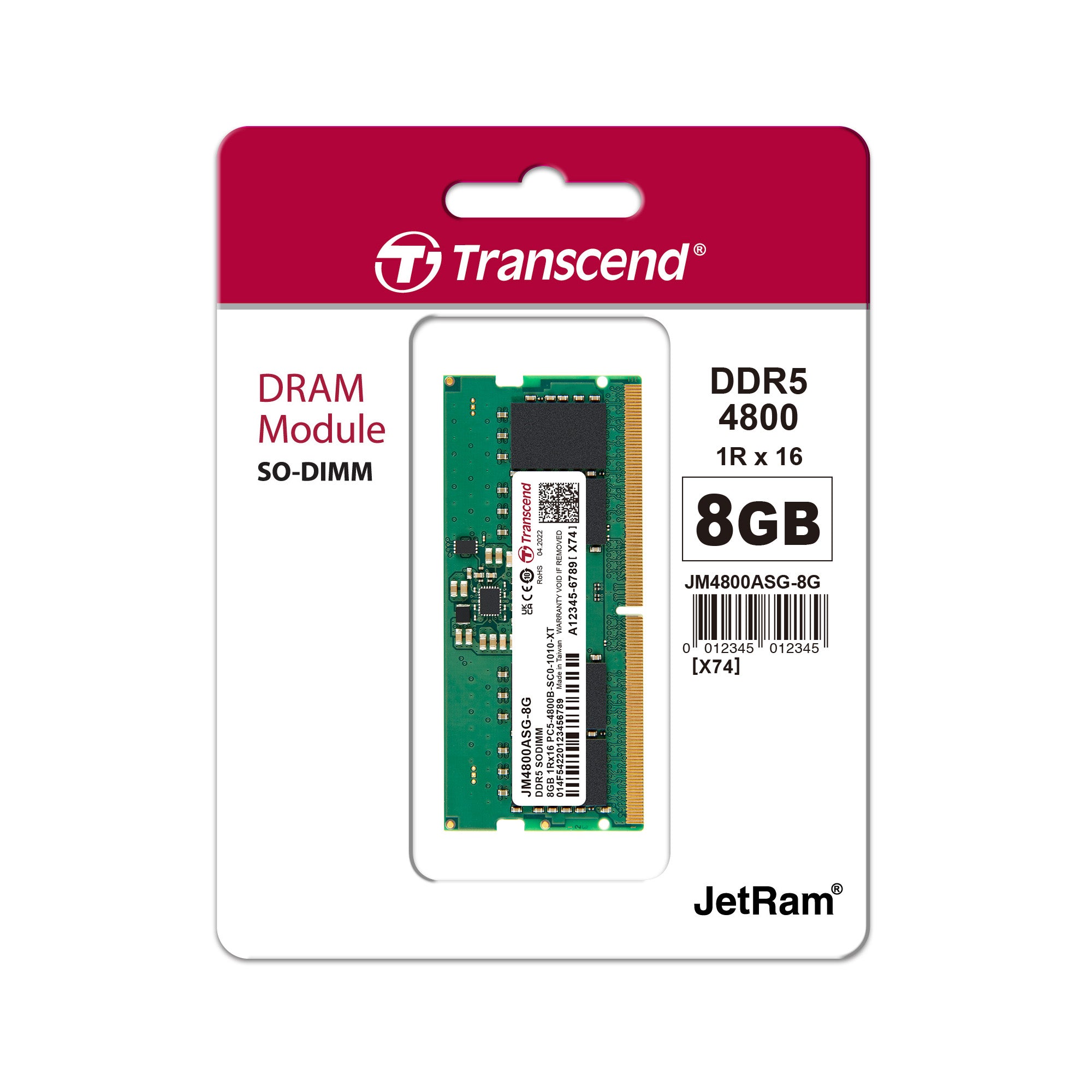 Transcend JetRam 8GB DDR5-4800 SO-DIMM Notebook Memory