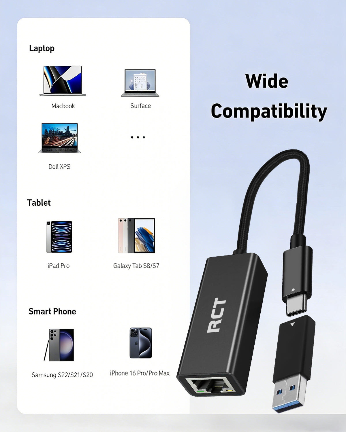 RCT ADP-GN101CU USB-C to Gigabit Ethernet Adapter with USB-A Converter - image 5