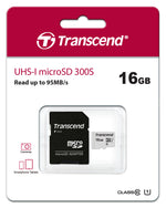 Transcend 300S 16GB microSDHC UHS-I U1 Class 10 Memory Card with Adapter