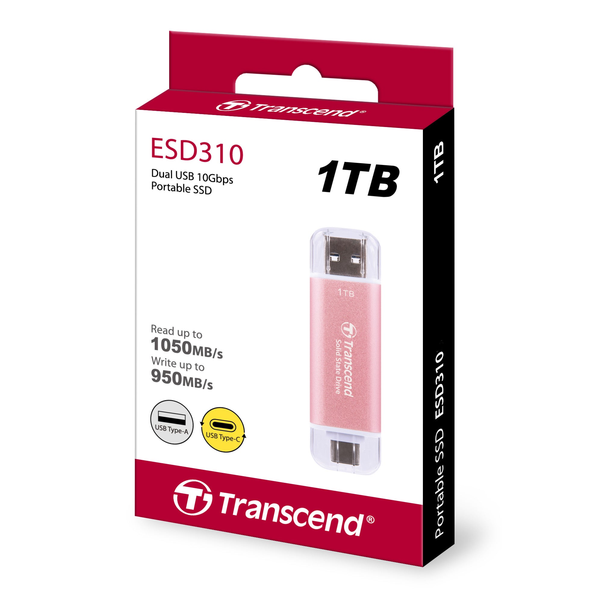 Transcend ESD310P 1TB Portable SSD USB-C and USB-A Pink