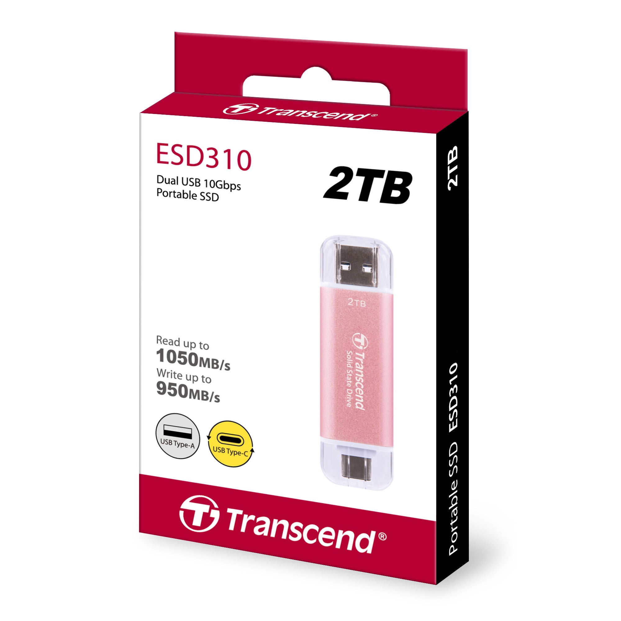 Transcend ESD310P 2TB Portable SSD USB-C and USB-A Pink
