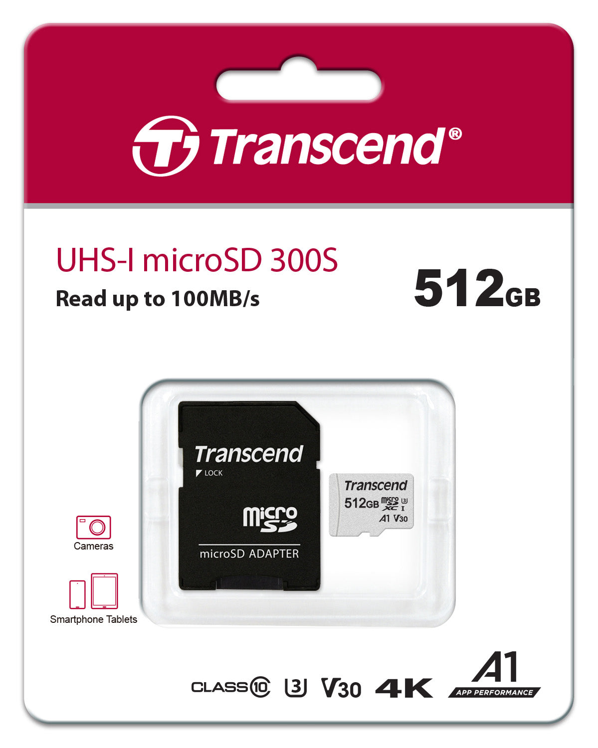 Transcend 300S 512GB microSDXC UHS-I U3 V30 A1 Memory Card with Adapter