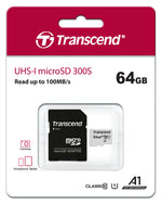 Transcend 300S 64GB microSDXC UHS-I U1 Class 10 A1 Memory Card with Adapter