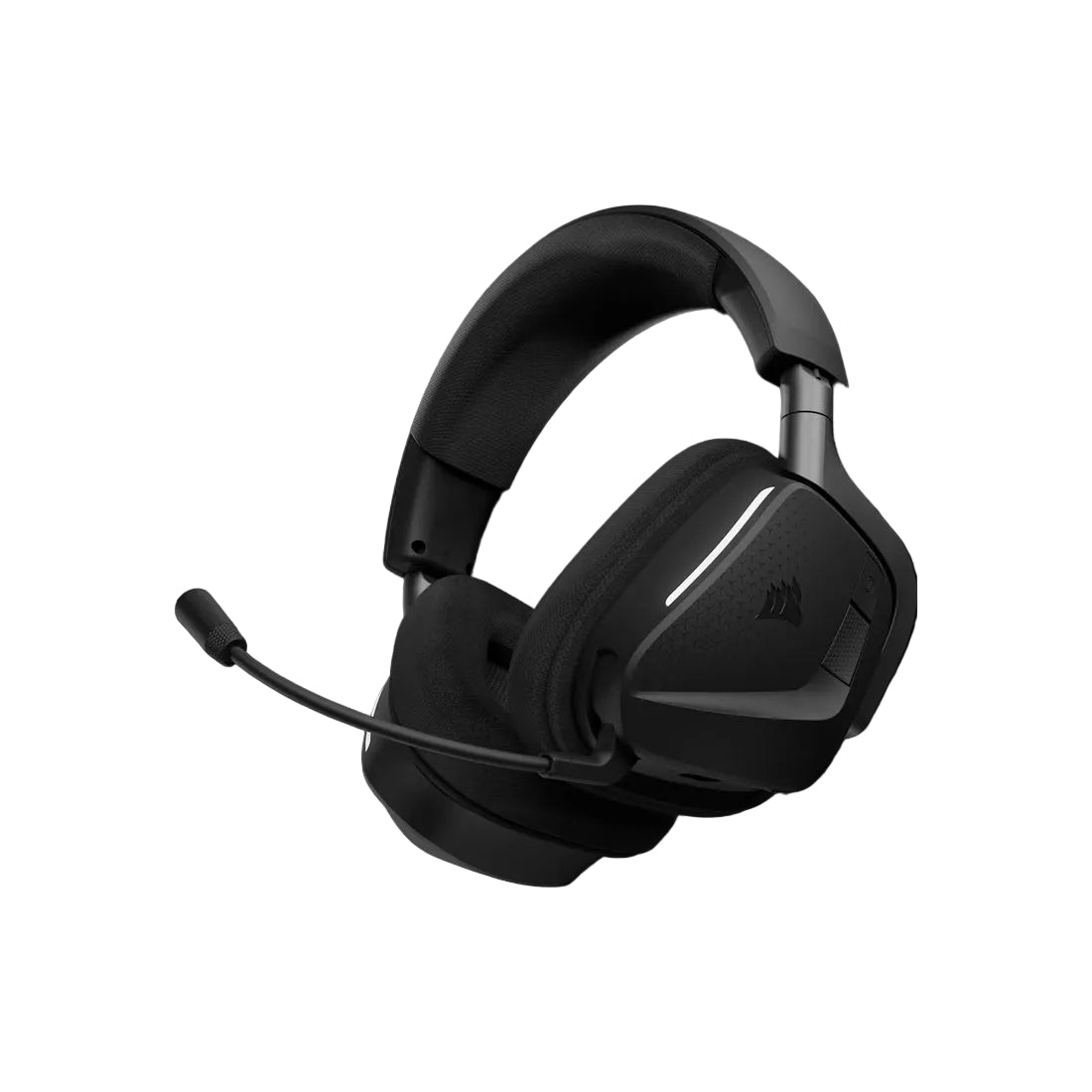 Corsair gaming headset with an adjustable boom microphone, shown in black against a black background.